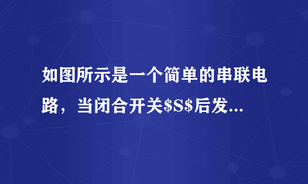 如图所示是一个简单的串联电路，当闭合开关$S$后发现两灯均不亮，其故障原因是两只灯泡中的一只坏了，(眼睛看不出是谁坏的)，为了找出哪一只灯泡是坏的，你可以从“一根导线、一只电压表或一只电流表”中任选一种作为辅助器材。要求写出一种判断灯泡故障的方法（方案包括选何种辅助器材，以及具体事实验的做法、现象和结论）。