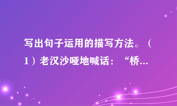 写出句子运用的描写方法。（1）老汉沙哑地喊话：“桥窄！排成一队，不要挤！党员排在后边！”______（2）渔夫皱起眉，他的脸变得严肃、忧虑。______（3）马宝玉嗖的一声拔出手榴弹，拧开盖子，用尽全身气力扔向敌人。______（4）“我为什么要这样做？……如今叫我怎么对他说呢？……”桑娜沉思着。______（5）在一节车厢里，坐着一位头发灰白的战时后备役老兵。______