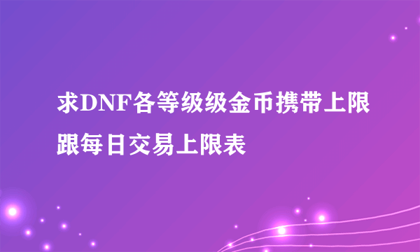 求DNF各等级级金币携带上限跟每日交易上限表