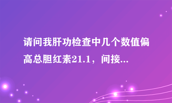 请问我肝功检查中几个数值偏高总胆红素21.1，间接胆红...