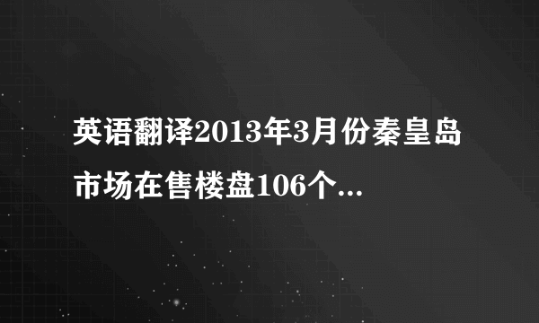 英语翻译2013年3月份秦皇岛市场在售楼盘106个,在售楼盘均价约为7474元/平米.其中在售普通商品住宅楼盘83个,均价约为6164元/平米；在售海景商品房楼盘项目21个,均价约为11712元/平米；在售商业项目2个,均价约为18250元/平米.东戴河新区在售楼盘11个,在售楼盘均价约为5039元/平米.